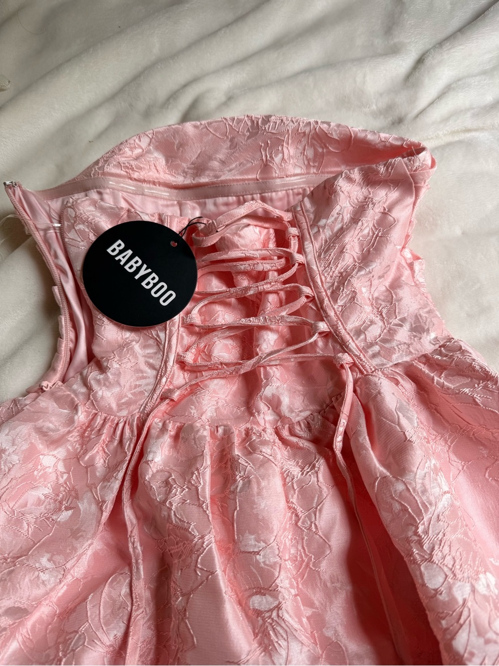 Brand new Strapless Pink Floral Brocade Wedding guest Dress with Lace-Up Back - Picture 3 of 8